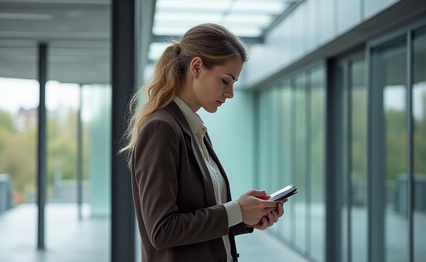 Journalist aan het werk in een moderne architectonische omgeving