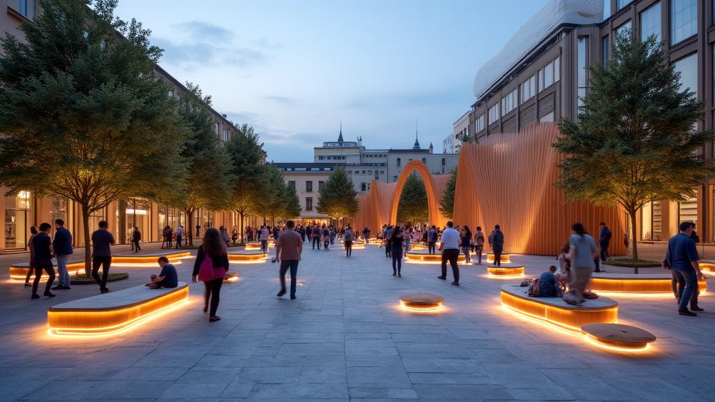 Een modern publiek plein waar interactieve verlichting en digitale elementen samensmelten met architectuur