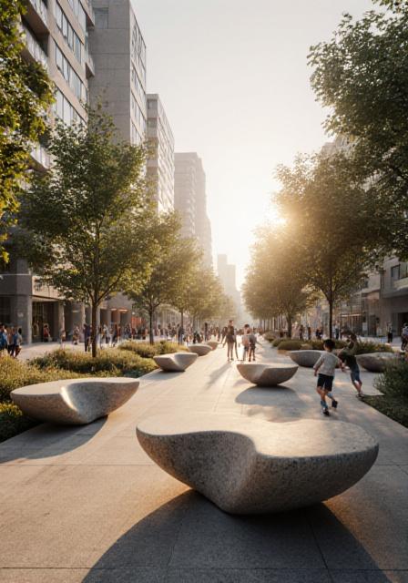 Conceptuele render van een groen stadsplein